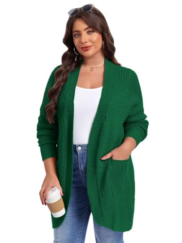 Image of LARACE Long Cardigans for Women Plus Size Tops Open Front Sweaters with Pockets Waffle Ribbed Sleeve Loose Fall Outwear