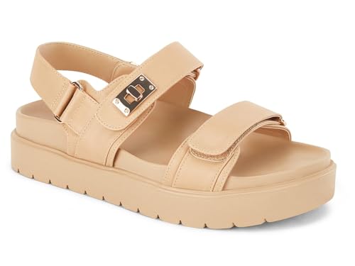 Coutgo Womens Platform Sandals Comfortable Flat Sandals Double Strap Footbed Summer Beach Sandals, Khaki, Size 11