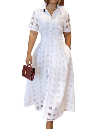 CHICME Elegant Turn Down Collar Plaid Mesh Double Layered Cinched Waist 2025 A Line Shirt Maxi Dress