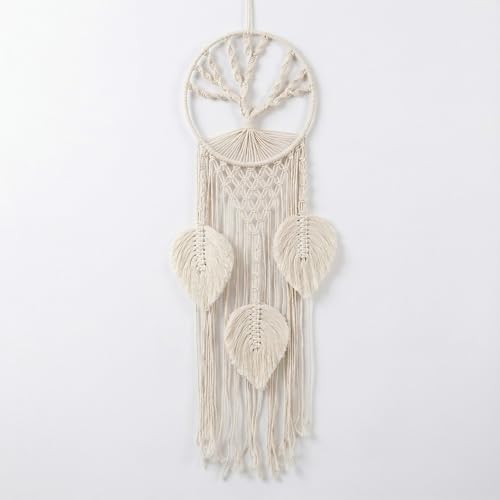 White Macrame Dreamcatcher Wall Hanging, 37” Long Vertical Boho D...