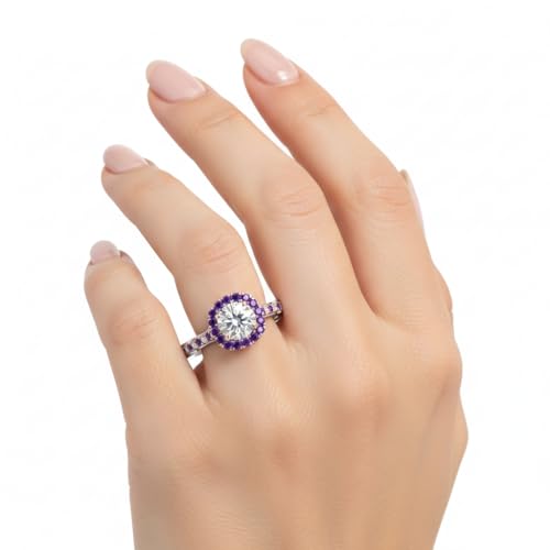 Image of Choose Your Gemstone Cathedral Halo Two Tone Engagement Ring 925 Sterling Silver Round Shape Halo Engagement Rings Lightweight Office Wear Everyday Gift Jewelry US Size 4 to 12