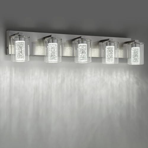 Image of SineRise Bathroom Vanity Light with 3 Color Modes (3000K /4000K /6000K), Eye Protection LED Bathroom Light Fixture, Dimmable Modern Wall Light Over Mirror with Clear Glass Shade (Nickel, 5-Light)