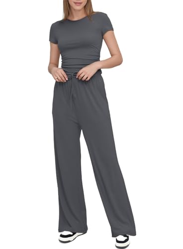SotRong Summer 2 Piece Outfits Women Lounge Wear Sets Ruched Short Sleeve Crop Tops and High Elastic Waisted Wide Straight Leg Pants Tracksuit Activewear Casual Leisure Wear Sets - Image 5