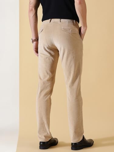 Image of Thomas Scott Men Beige Smart Slim Fit Easy Wash Corduroy Cotton Chinos (Size: 40)