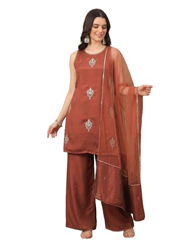 Image of Women's Floral Embroidered Silk Blend Kurta & Pant Set And Net Dupatta Ethnic Wear Salwar Suit Set (ES 2599)