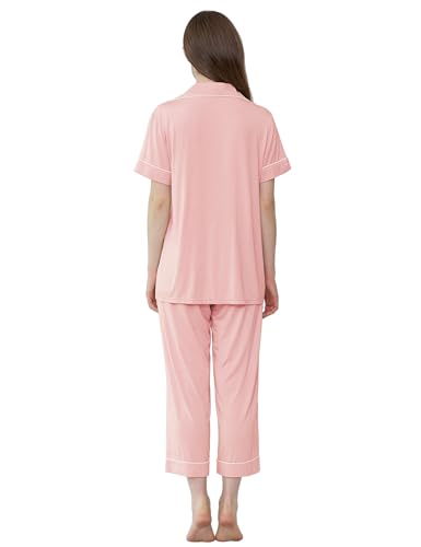 Image of Joyaria Bamboo Viscose Cooling Pajamas for Women Capri Button Front Pjs Set | Ideal for Night Sweats, Hot Sleeper Friendly, Breathable & Moisture Wicking, Short Sleeve Top