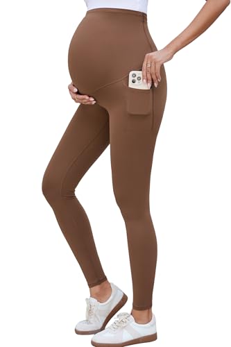 OUGES Womens 2025 Summer Maternity Leggings with Pockets Over The Belly Soft Yoga Pants Activewear Pregnancy Must Have Casual Summer Maternity Clothes (Brown, M)