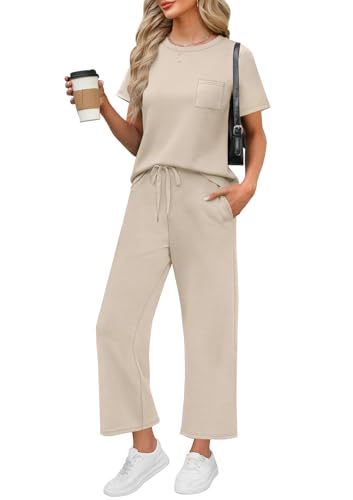 Image of WIHOLL 2 Piece Sets for Women Casual Summer Travel Vacation Outfits Short Sleeve Wide Leg Crop Pants Lounge Sets