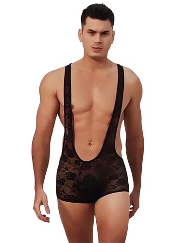 Men's Bodysuit Lingerie Sleeveless Sissy Clothes for Men Breathable Lace Mesh Leotard Black S-XL