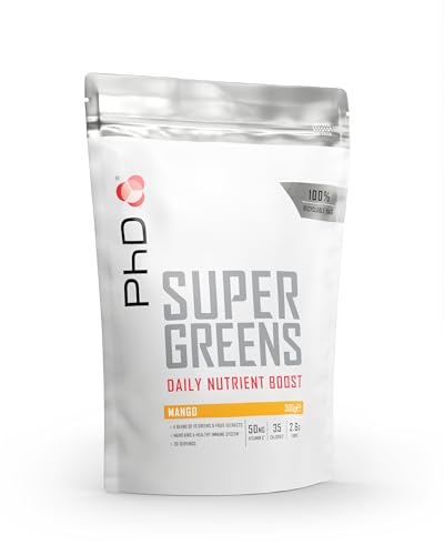 PhD Super Greens Polvo 300 g Mango – superalimento con valiosas vitaminas y nutrientes, polvo vitamínico con 18 variedades de frutas y verduras