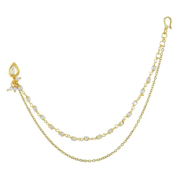 accessher Gold Plated Traditional Vilandi Kundan Embedded Drop Shape Delicate Non-Piercing Clip On Nose Ring with Multilayer Pearl Chain for Women Pack of 1-picture-36