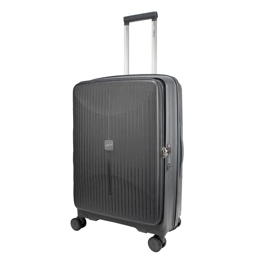 F Gear Myton Dark Grey Medium Front Opening Hard Luggage | Lightweight Expandable Check-In Suitcase with 360° Spinner Silent 8-Wheels, Built-in TSA Lock, Anti-Theft Zipper & 3-Level Telescopic Trolley