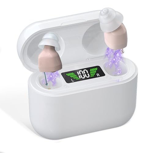 Swaloo Hearing Aids Digital Rechargeable with Charging Box Indicating Remaining Power, CIC Noise Cancelling Invisible Sound Hearing Amplifier, Intelligent Hearing Aid Noise Reduction (Brown)