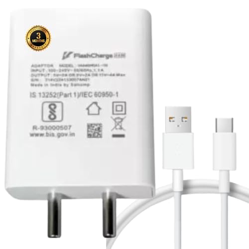 Image of Flash Charging 44 Watt Charger Adapter And Cable Compatible With Vi-Vo Y58 5G,T3 5G,T3X 5G,Y28S 5G,Y28 5G,Y22,Y21T,Y28E 5G,Y200E 5G,T3 Lite,Y30 Cellular Phone(Adapter And Cable)