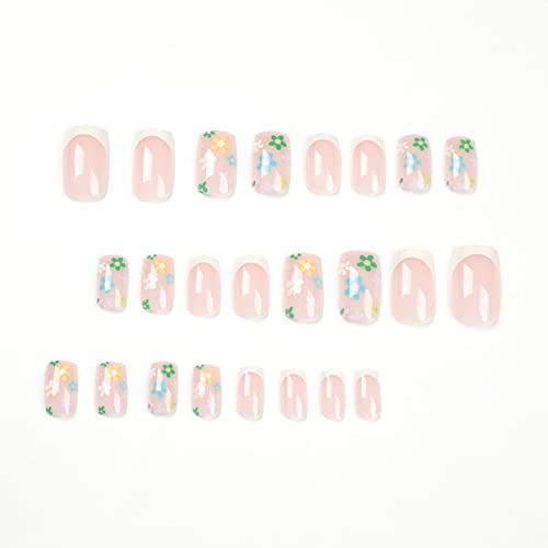 24 Pcs Press On Nails Short Fake Nails Acrylic Glossy French Color Flower White Tip Design Natural Full Cover Coffin Adhesive False Nail Stick On Nails For Women And Girls #TOP4