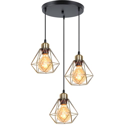 iDEGU 3 Lights Vintage Ceiling Pendant Light Fitting, 16cm Geometric Cage E27 Industrial Hanging Lamp Metal Chandelier Lamp Shade for Bedroom Living Room Dining Room Kitchen (Bronze, 3-Light Round)