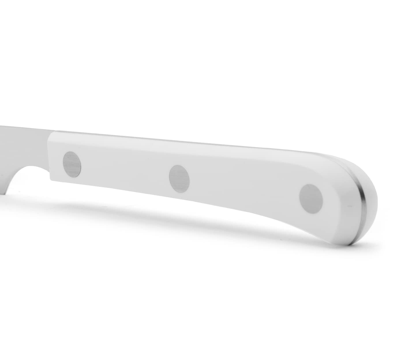 Arcos Serie Cuchillos de Mesa Caja 12 uds Cuchillo Chuletero, Hoja Serrada de Acero Inoxidable NITRUM de 115 mm, Mango Polioximetileno Color blanco (12 UDS)