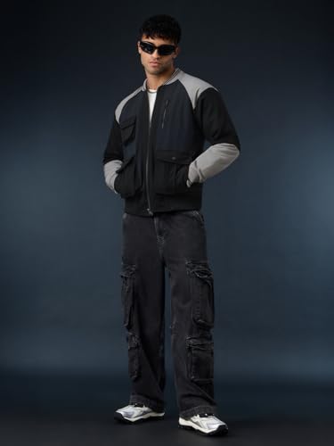 Image of The Souled Store Midnight Edge: Men and Boys Full Sleeves Spread Collar Black and Grey Solid Polyester Regular Fit Lightweight Utility Pockets Bomber Jacket