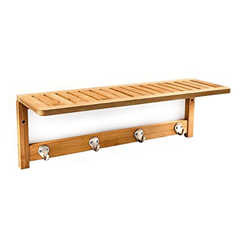 Relaxdays Wandregal mit Hakenleiste HBT 18 x 50 x 16 cm Wandgarderobe mit 4 Haken und Ablage als Badregal mit Handtuchhalter aus Bambus Holz Wandhandtuchhalter als Garderobe für Diele und Bad, Natur