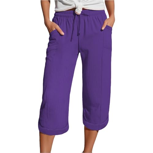 Pantalón corto para mujer 3/4 de elastano Capri Pants para mujer, pantalones cortos sueltos de cintura alta, chic y elegante, liso, elástico, verano con cordón de sujeción Comfy Lin, 01#rosa oro, XXL