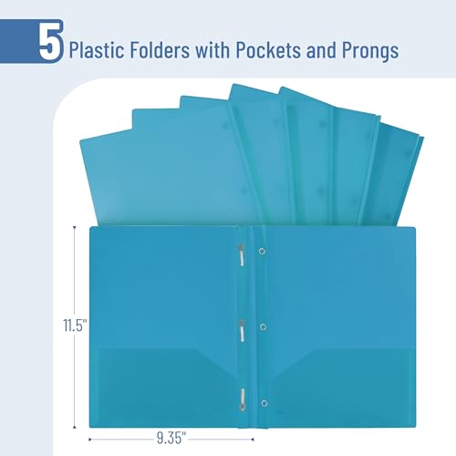 image for Mr. Pen- Plastic Folders with Pockets and Prongs, 5 Pack, Blue, Pocket
