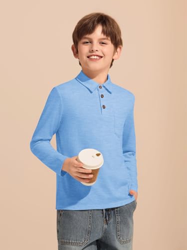 Image of Haloumoning Boys Long Sleeve Polo Shirts Kids Casual Button School Uniform Shirts with Chest Pocket 5-14 Years