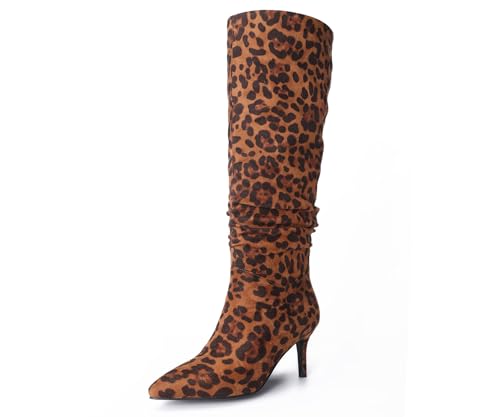 Women's Mid-High Stiletto 3ins Heel Pointed Toe Footwears Side Zipper Pleated Wrinkled Shaft Shoes Soft Comfortable Leopard Suede Leather Sexy Long Thigh High Boots and Fashion Tall Knee High Booties