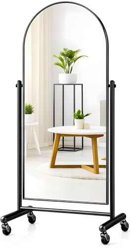 AISUNDY Arched Full Length Rolling Mirror on Wheels 65Lx24W Large Modern Tilting Swivel Mirror with Tempered Glass & Metal Frame Use for Dressing Dance Studio Fitness Home Gym Barbershop (Black)