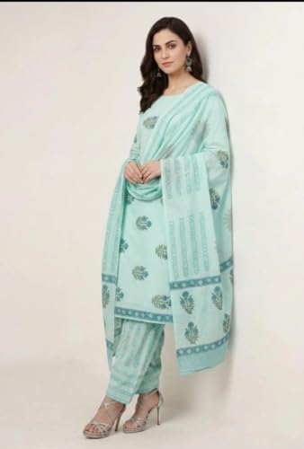 Image of Eddika women unstitched hand block printed cotton suit set with mulmul dupatta ehbpcswmd0120P