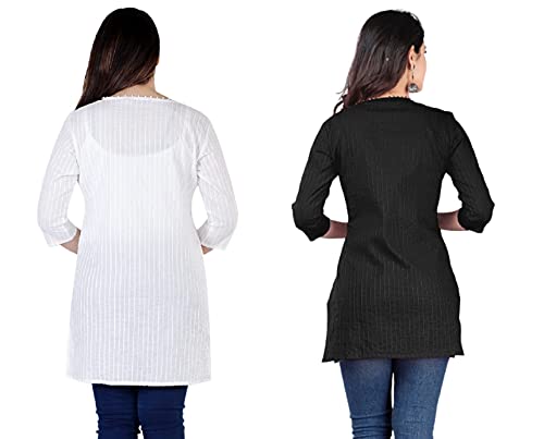 Image of Women Cotton Solid 3 /4th Sleeve V-Neck Short Kurta