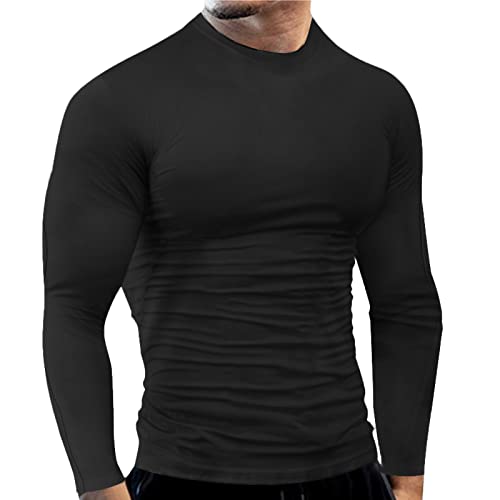 Camiseta de Manga Larga para freír rápido para Deportes de Fitness de Primavera y Verano para Hombre, Camiseta elástica Ajustada de Color sólido (Black, XXL)