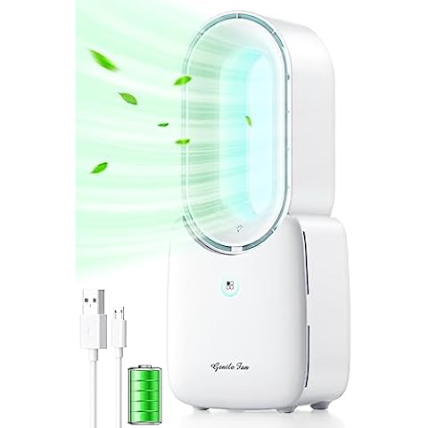 Elyss Desk Fan Tower Small Bladeless Fan,Air Circulator 4 Winds 5 Lights,11.8 Inch Portable with Battery Rechargeable Quiet Table Air Cooler,Desk Cooler Personal Nightstand WHITE AAAFAN Cover