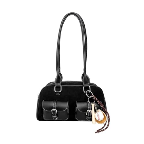 Suede Shoulder Bag Retro Top Handle Bag Y2k 90s Multiple Pockets Handbag Faux Leather Underarm Purse With Pendant