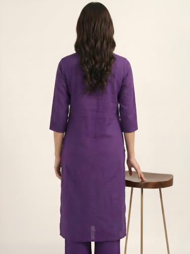 Image of BLOCKS OF INDIA Women's Solid Straight Kurta Set | Hand-Stitched Neck Details with Pintucks | Comfortable Pants with Pockets, Elastic Waist & Drawstring Fit