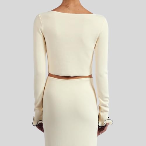 Women Elegant Tie Front Ruffle Knit Crop Cardigan Long Sleeve Open Front Contrast Trim Crop Cardigan Sweater3