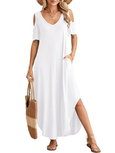 Image of BELAROI Womens Cold Shoulder Maxi Dress Plus Size V Neck Summer Sundresses with Pockets Beach Coverup Vacation Outfits