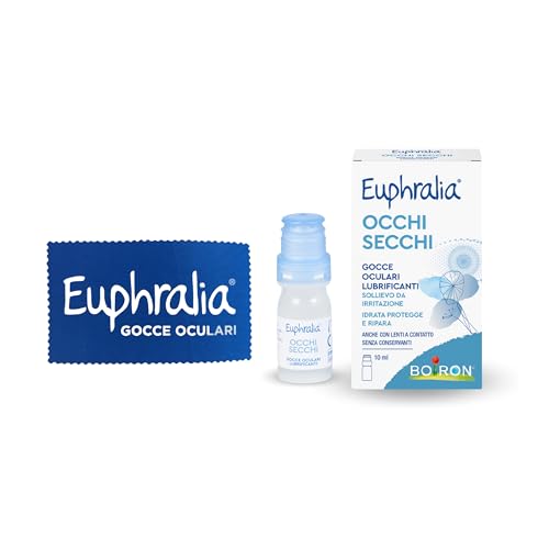 Euphralia Occhi Secchi - Gocce Oculari Lubrificanti, Rimedio contro Secchezza Oculare, Azione Protettrice e Riparatrice, con Acido Ialuronico, Ginkgo Biloba - Flacone da 10 ml + Panno Occhiali