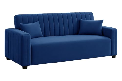 Image of Modern 3 Seater Sofa | Vertical Channel Tufted Backrest & Armrests | Plush Cushioned Seating | Contemporary Upholstered Couch for Living Room, Bedroom & Office - Blue Color