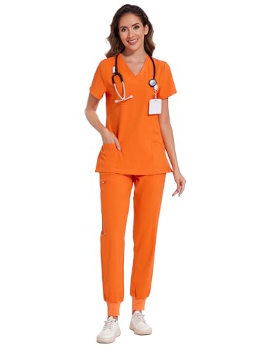 COZYFIT Scrubs for Women Set - Stretch V-Neck Scrub Top & Jogger Pant with 8 Pockets Yoga Waistband Anti Wrinkle Slim Fit Women Scrubs - Orange M