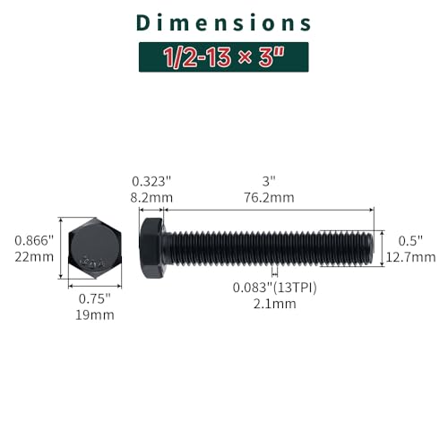 Image of 1 /2-13 x 3 Hex Bolts with Nuts and Washers (6 Sets), 18-8 (304) Stainless Steel, External Hex Drive, Black Oxide Coated Hexagon Head Bolts Screws, Fayeploo