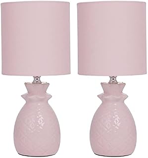 Set of 2 Pineapple - Pink Ceramic 30cm Table Lamp/Bedside Lights with Matching Shades
