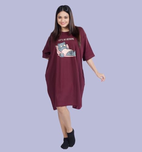 Image of LAMA STORE Women's Printed Oversized T-Shirt Dress, Cotton, 3 /4 Sleeve Length, Casual Loose Fit, Comfort Wear Extra Comfy Oversized Printed Pocket T-Shirt Dress