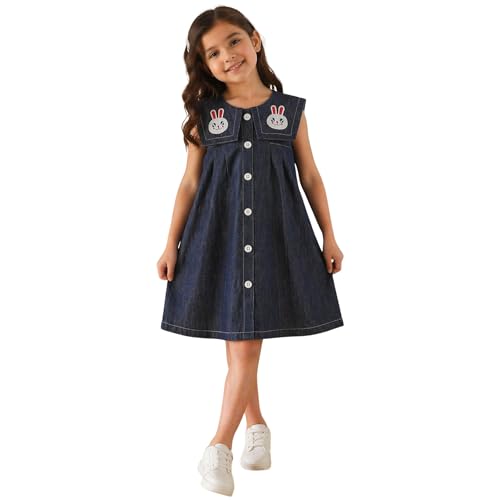 Image of superminis Girls Denim Solid Color Half Sleeves Dress with Embroidered Pocket (1 Dress)