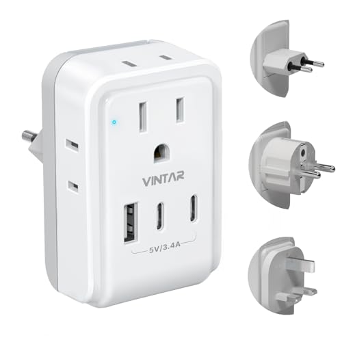 VINTAR European Travel Plug Adapter Kit Adapter for Europe Plug with 3 USB Ports (2 USB C) 4 AC Outlets Type C G E/F Detachable Attachments International Power Adapter for Europe UK France Italy