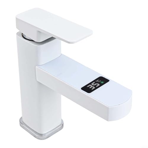 Grifo de temperatura inteligente con pantalla digital, pantalla táctil, control de agua fría caliente, baño, cocina, fregadero, fácil instalación (blanco)