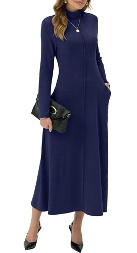 GRECERELLE Damen Maxikleid Rollkragen Langarm Herbst Winter Elegantes lässiges Daily Business Date Lounge Stretch langes Kleid mit Taschen...