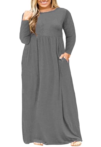 Image of Nemidor Plus Size Maxi Dress for Curvy Women Fall Casual Loose Long Sleeve Dresses with Pocket 14-26