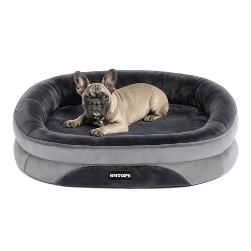 HMTOPE Orthopädisches Hundebett, Hundesofa, Vierseitiges Nackenrolle Kissen, rutschfeste Unterseite Hundekorb, Abnehmbar und Waschbar, Kleine Hunde, 71 x 53 x 14 cm, Dunkelgrau
