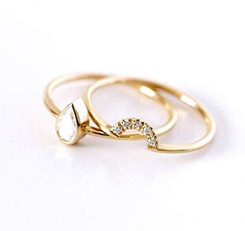 Xiaomei 14k Yellow Gold Teardrop Halo Pear Cut 0.2ct Cubic Zirconia Pear-Shaped Diamond Ring Set CZ Solitaire Engagement Ring Size 6-10 (US 9)2