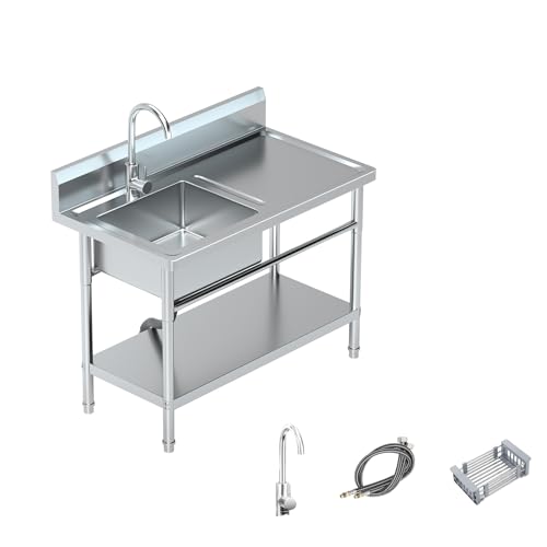 Image of 39Inch Stainless Steel Utility Sink,Free Standing Single Bowl Kitchen Sink with Left Right, Cold and Hot Water Pipe, Indoor and Outdoor for Laundry Room Farmhouse Kitchen
